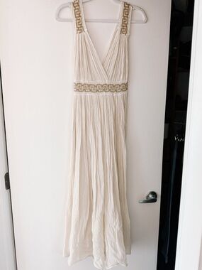 Greek Cotton Gauze Maxi Dress Boho Embroidered Cream Resort Dress